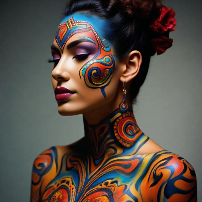 Bodypainting,Bodypainting, People, woman, 1girl, jewelry, solo, earrings, makeup, black hair, lipstick