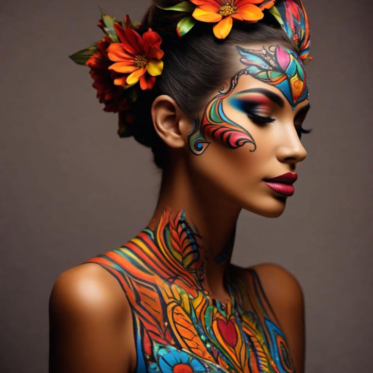 Bodypainting,Bodypainting, People, woman, 1girl, solo, hair ornament, flower, makeup, hair flower, lipstick