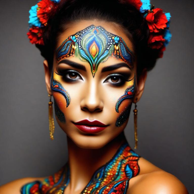 Bodypainting,Bodypainting, People, woman, 1girl, jewelry, solo, earrings, brown eyes, hair ornament, makeup