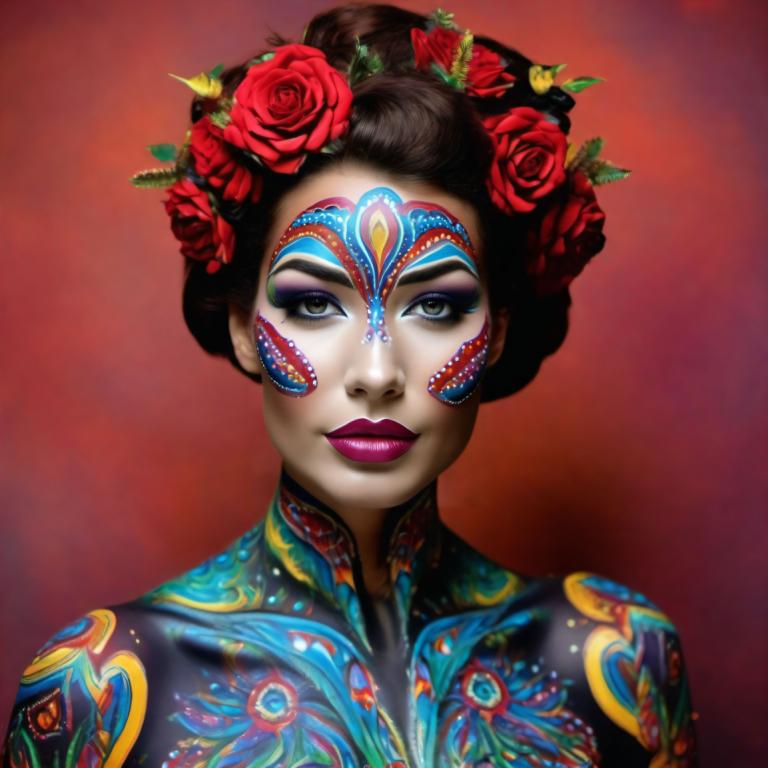 Bodypainting,Bodypainting, People, woman, 1girl, solo, flower, makeup, hair ornament, hair flower, lipstick