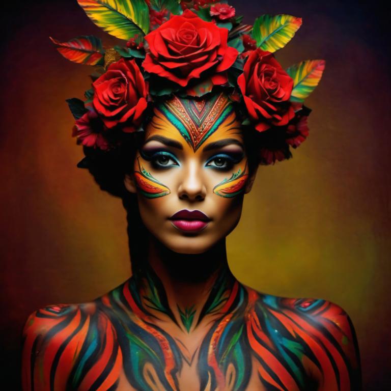 Bodypainting,Bodypainting, People, woman, 1girl, solo, flower, makeup, rose, feathers, lipstick