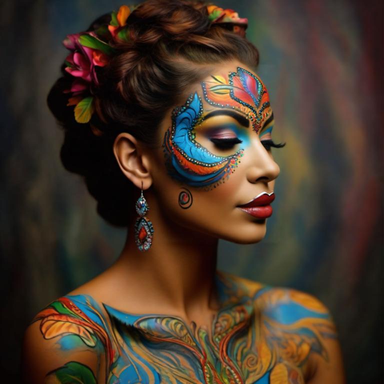 Bodypainting,Bodypainting, People, woman, 1girl, jewelry, solo, earrings, facepaint, hair ornament, makeup