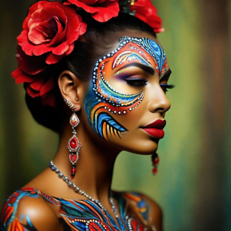 Bodypainting,Bodypainting, People, woman, 1girl, jewelry, solo, hair ornament, necklace, flower, makeup