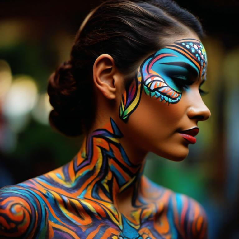 Bodypainting,Bodypainting, Lidé, žena, 1 dívka, sólo, rozmazané pozadí, rozmazané, černé vlasy, profil