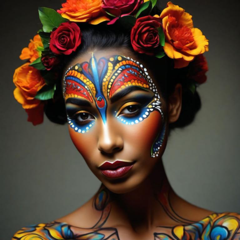 Bodypainting,Bodypainting, People, woman, 1girl, solo, flower, hair ornament, makeup, black hair, dark skin