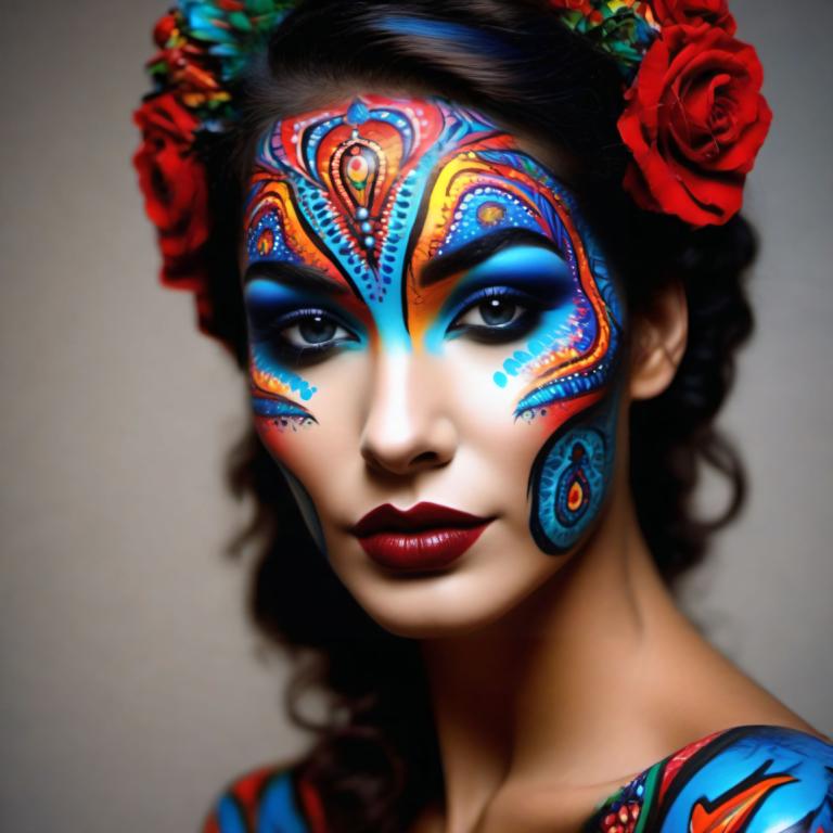 Bodypainting,Bodypainting, People, woman, 1girl, solo, makeup, hair ornament, flower, lipstick, hair flower