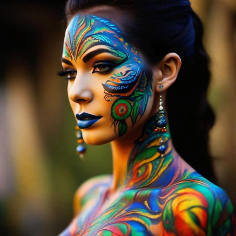 Bodypainting,Bodypainting, People, woman, 1girl, solo, earrings, jewelry, makeup, blue lips, lipstick