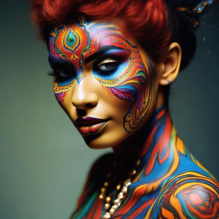 Bodypainting,Bodypainting, People, woman, 1girl, solo, jewelry, necklace, earrings, facepaint, makeup