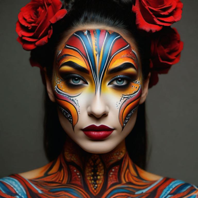 Bodypainting,Bodypainting, People, woman, 1girl, solo, flower, hair flower, hair ornament, makeup, black hair