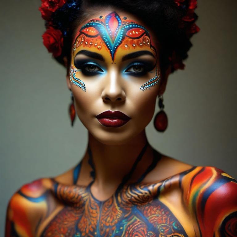 Bodypainting,Bodypainting, People, woman, 1girl, jewelry, solo, earrings, makeup, black hair, facepaint