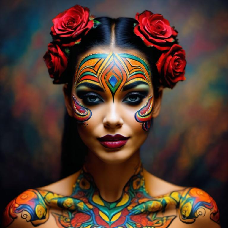 Bodypainting,Bodypainting, Mennesker, kvinde, 1 pige, solo, blomst, hår blomst, hårpynt, makeup, sort hår