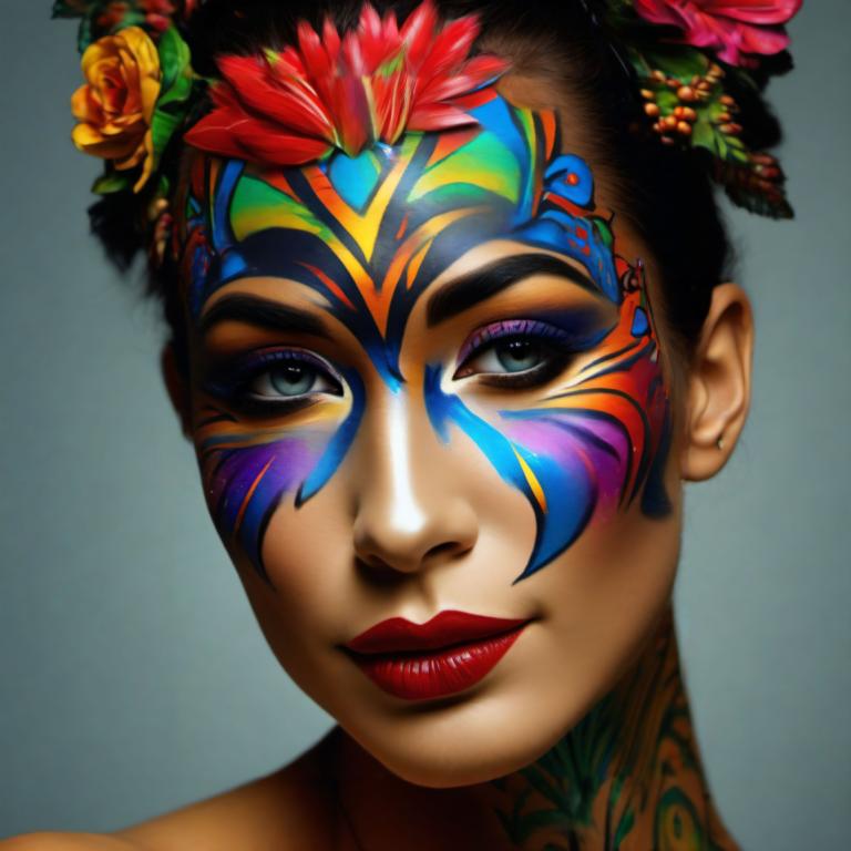 Bodypainting,Bodypainting, People, woman, 1girl, solo, facepaint, makeup, portrait, bodypaint, flower