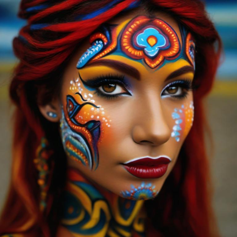 Bodypainting,Bodypainting, Mennesker, kvinde, 1 pige, solo, makeup, brune øjne, rødt hår, smykker, øreringe