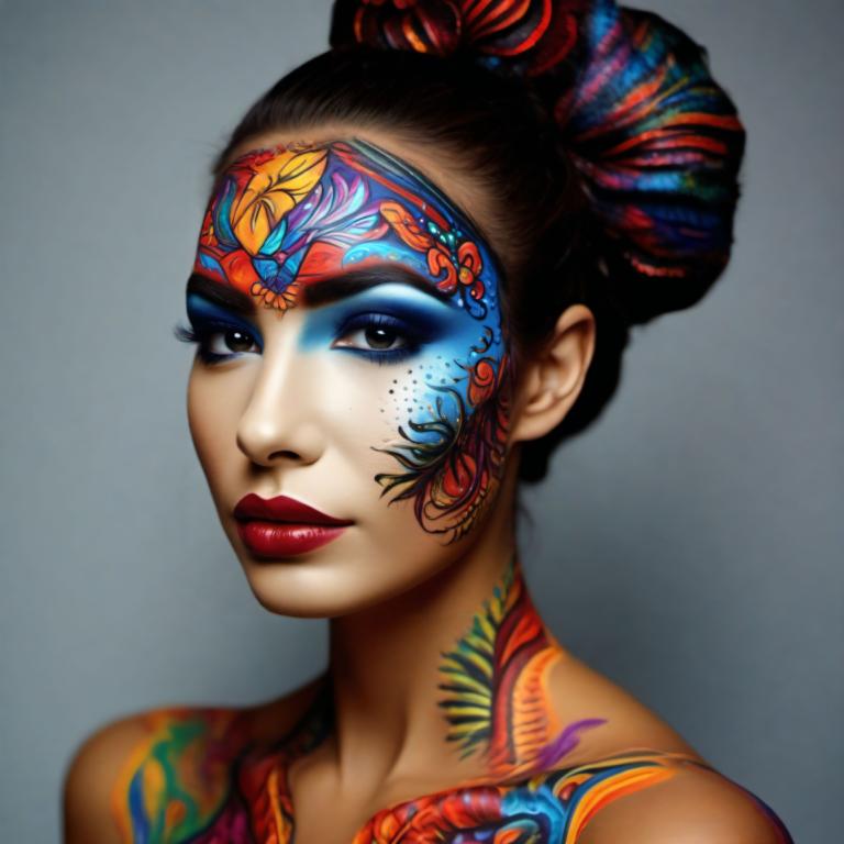 Bodypainting,Bodypainting, Mennesker, kvinde, 1 pige, solo, makeup, læbestift, portræt, øjenskygge