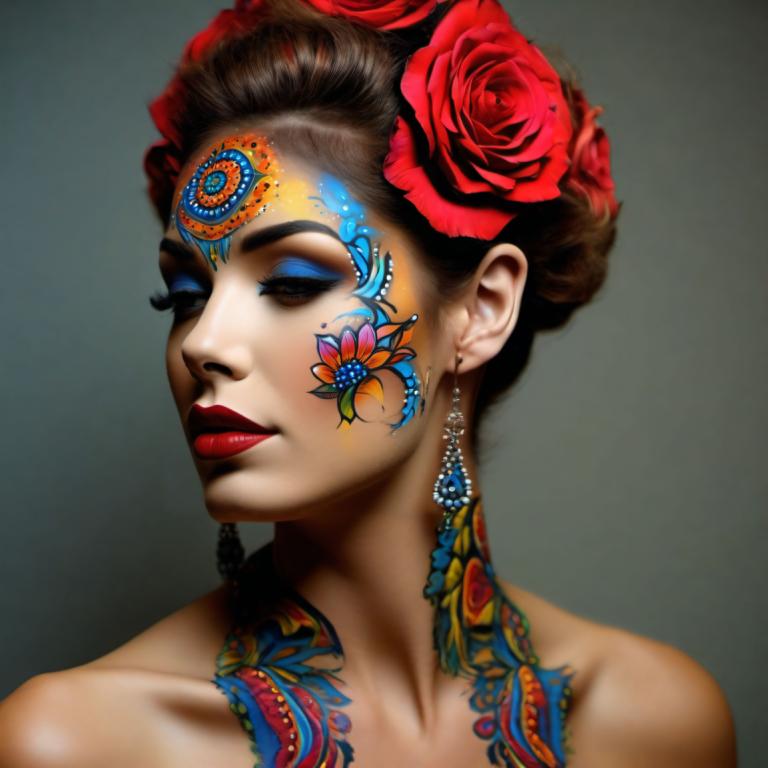 Bodypainting,Bodypainting, People, woman, 1girl, flower, solo, hair ornament, earrings, makeup, hair flower