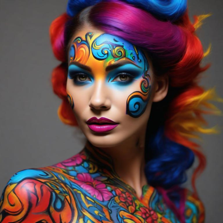 Bodypainting,Bodypainting, People, woman, 1girl, solo, makeup, multicolored hair, lipstick, eyeshadow