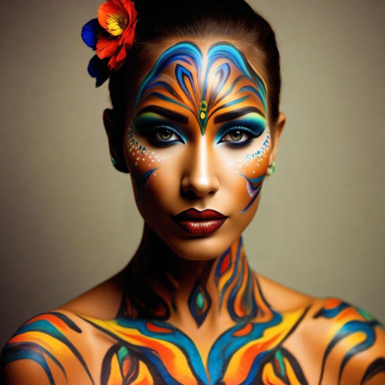 Bodypainting,Bodypainting, People, woman, 1girl, solo, flower, hair flower, hair ornament, makeup, earrings