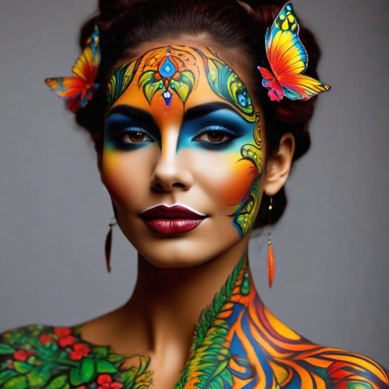 Bodypainting,Bodypainting, People, woman, 1girl, jewelry, earrings, solo, facepaint, butterfly, bug, makeup