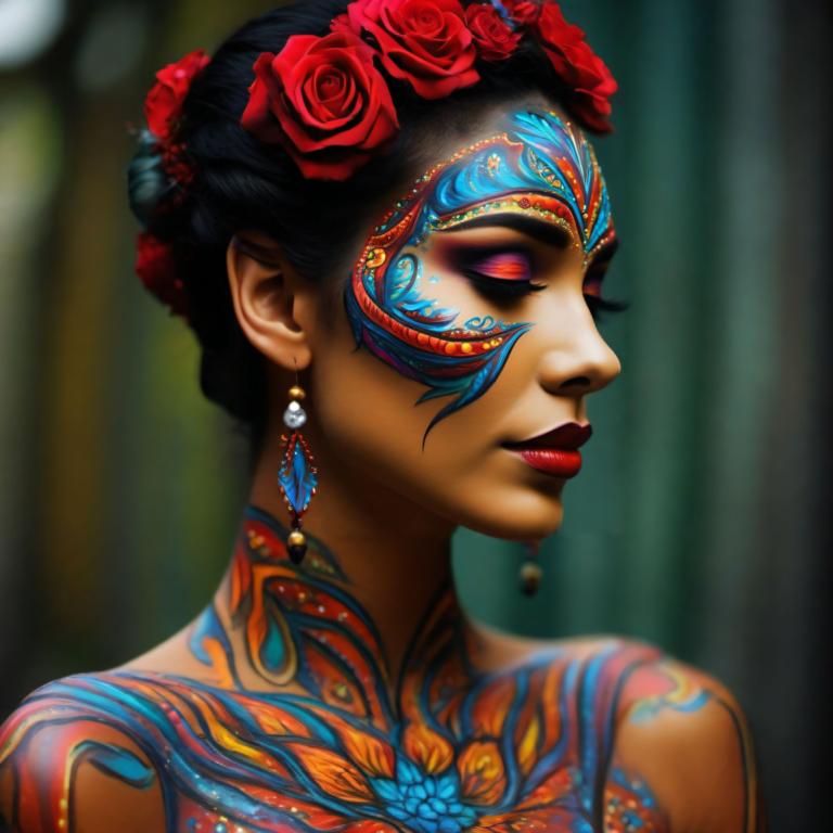 Bodypainting,Bodypainting, People, woman, 1girl, jewelry, solo, earrings, makeup, flower, hair ornament