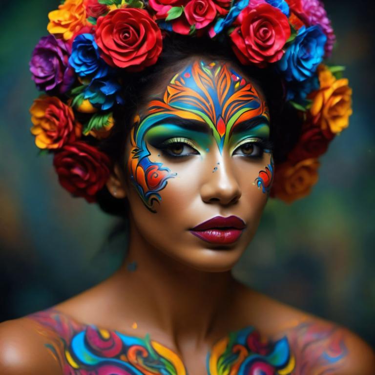 Bodypainting,Bodypainting, People, woman, 1girl, solo, flower, makeup, brown eyes, facepaint, hair ornament