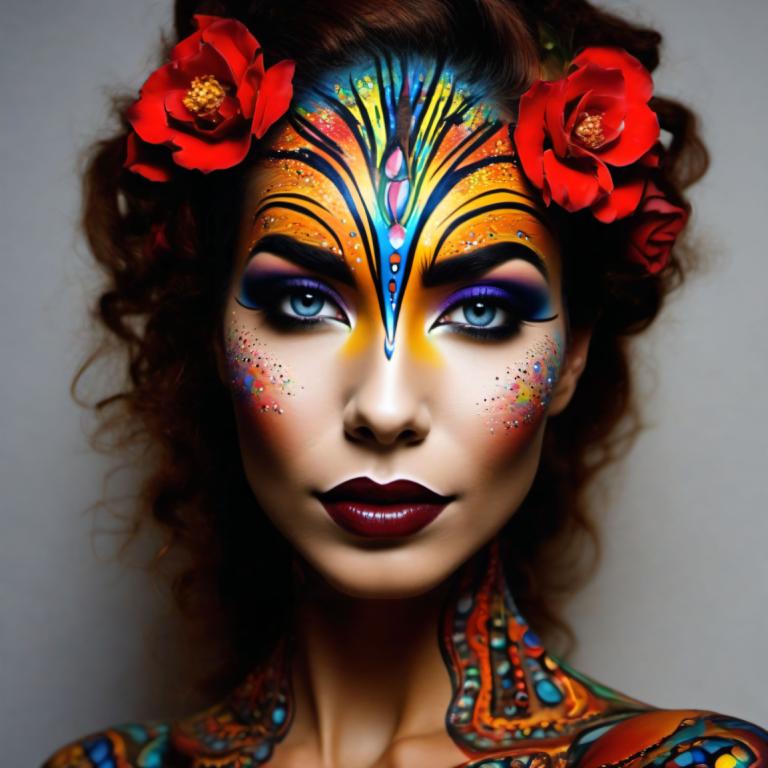 Bodypainting,Bodypainting, Mennesker, kvinde, 1 pige, solo, blomst, hår blomst, hårpynt, makeup, blå øjne