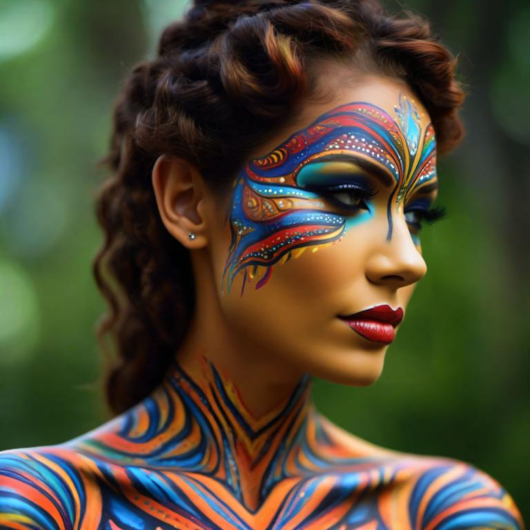 Bodypainting,Bodypainting, People, woman, 1girl, solo, facepaint, earrings, jewelry, brown hair, dark skin