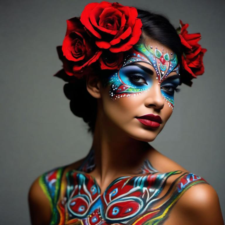 Bodypainting,Bodypainting, People, woman, 1girl, solo, flower, hair ornament, hair flower, makeup, black hair