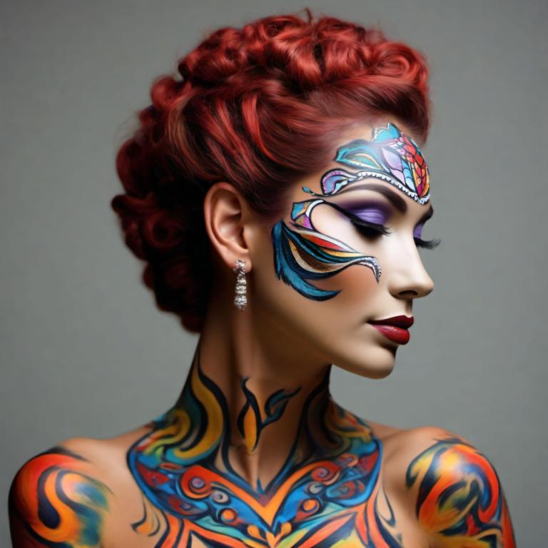 Bodypainting,Bodypainting, People, woman, 1girl, jewelry, solo, earrings, red hair, makeup, lipstick