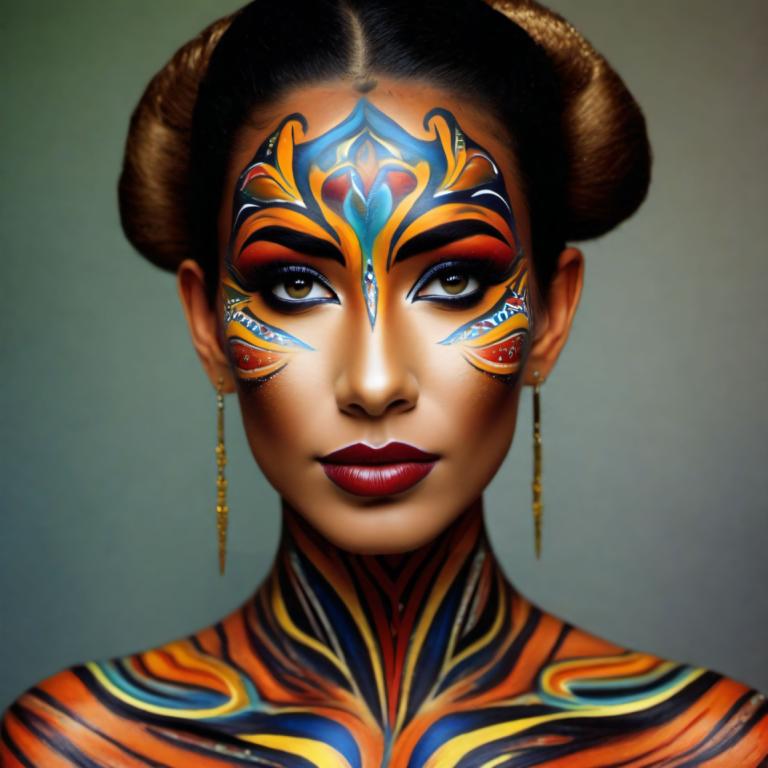 Bodypainting,Bodypainting, People, woman, 1girl, solo, jewelry, earrings, makeup, brown eyes, facepaint