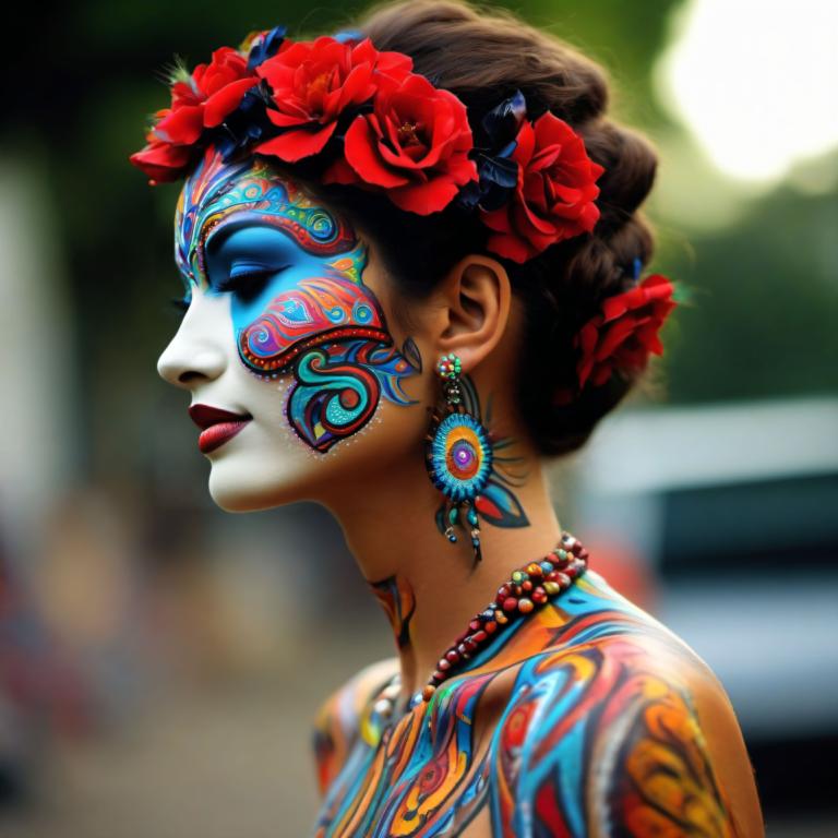 Bodypainting,Bodypainting, People, woman, 1girl, jewelry, flower, earrings, solo, hair ornament, hair flower