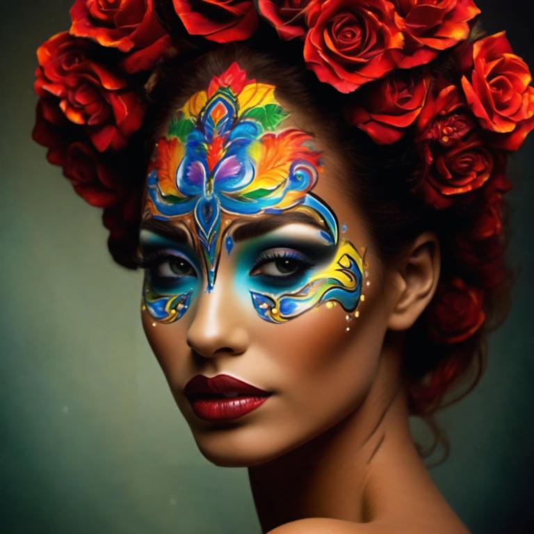 Bodypainting,Bodypainting, People, woman, 1girl, solo, flower, makeup, hair ornament, hair flower, lipstick