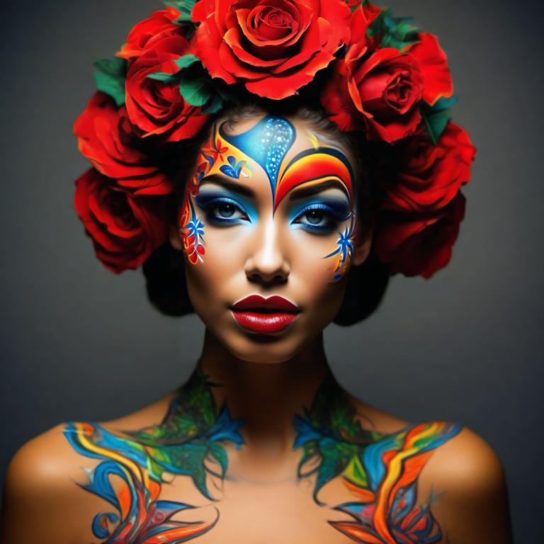 Bodypainting,Bodypainting, People, woman, 1girl, solo, makeup, flower, rose, hair ornament, lipstick