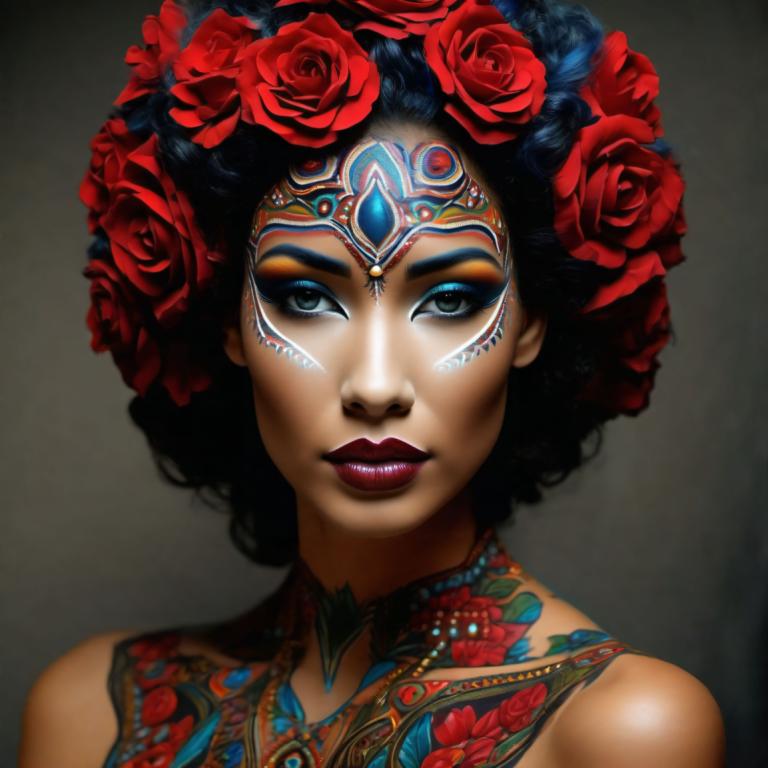 Bodypainting,Bodypainting, People, woman, 1girl, solo, flower, hair ornament, makeup, hair flower, black hair