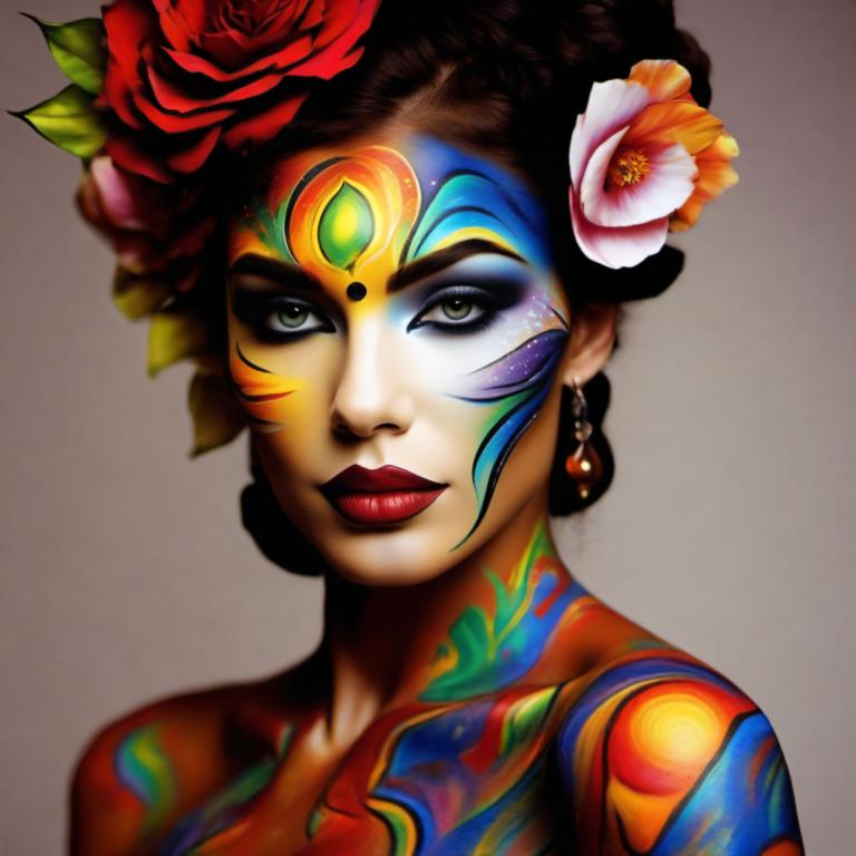 Bodypainting,Bodypainting, People, woman, 1girl, flower, solo, earrings, hair flower, jewelry, hair ornament