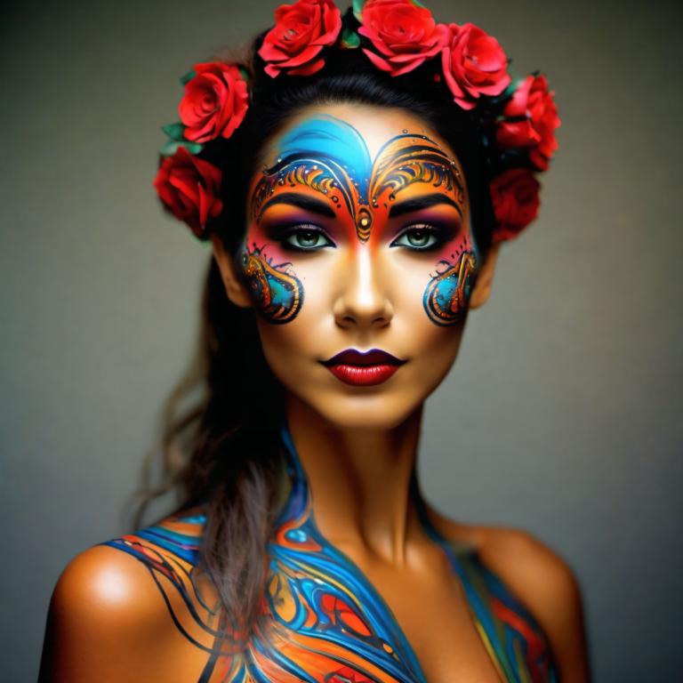 Bodypainting,Bodypainting, People, woman, 1girl, solo, flower, hair ornament, makeup, hair flower, black hair