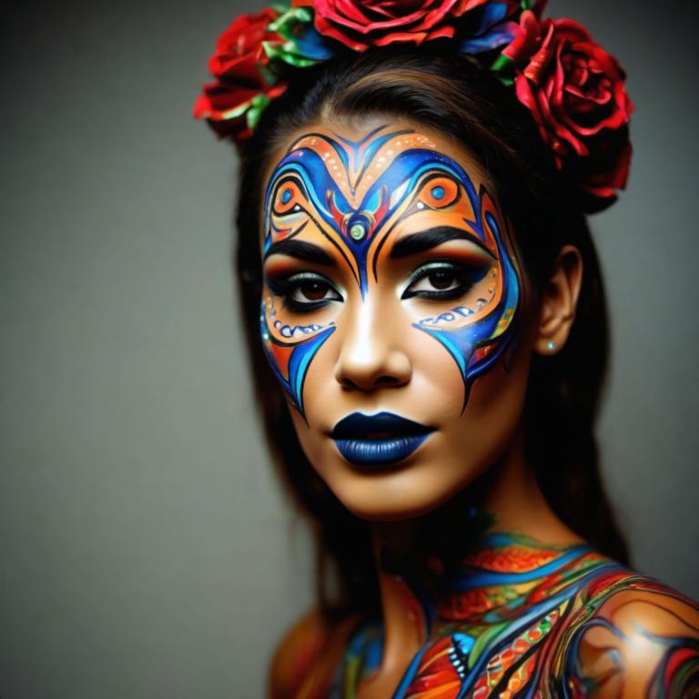 Bodypainting,Bodypainting, Mennesker, kvinde, 1 pige, solo, blomst, hårpynt, makeup, hår blomst, smykker