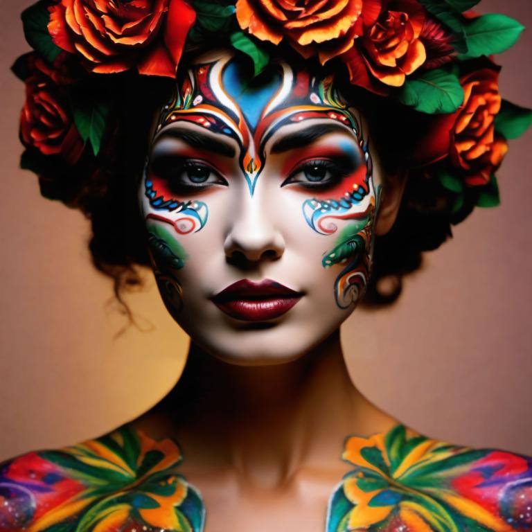 Bodypainting,Bodypainting, People, woman, 1girl, solo, flower, makeup, lipstick, facepaint, red lips