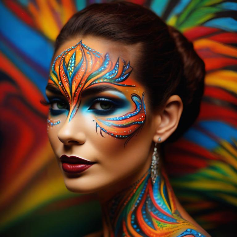 Bodypainting,Bodypainting, People, woman, 1girl, solo, jewelry, earrings, makeup, facepaint, brown hair