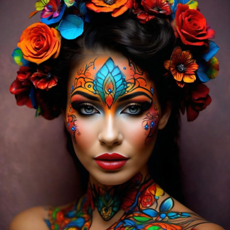 Bodypainting,Bodypainting, People, woman, 1girl, solo, flower, hair ornament, hair flower, makeup, black hair