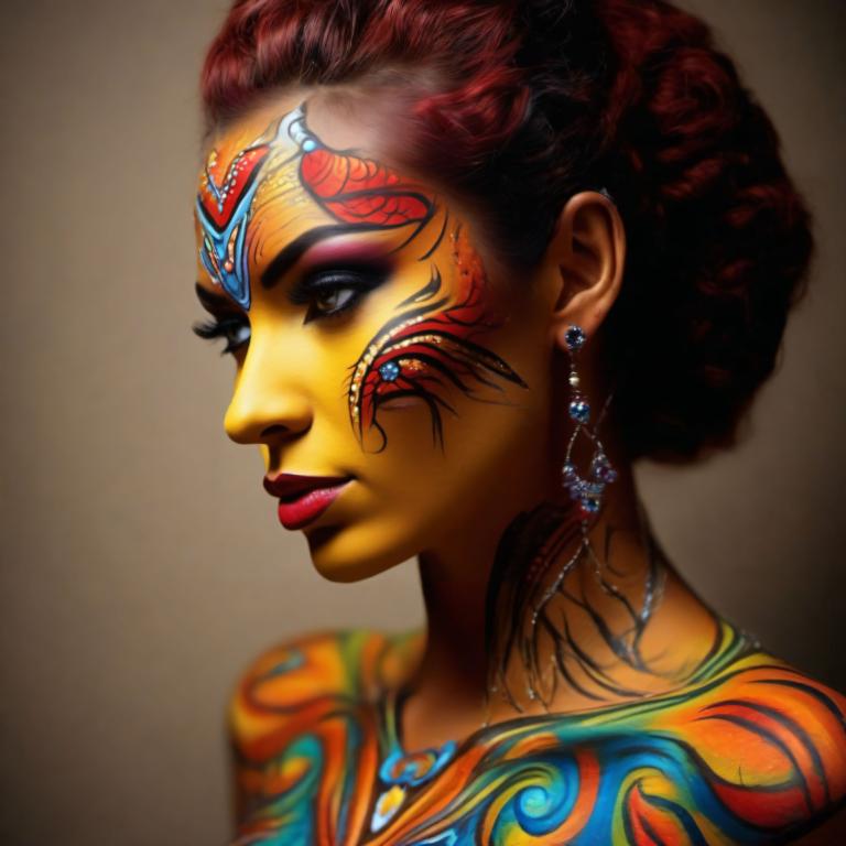 Bodypainting,Bodypainting, People, woman, 1girl, jewelry, earrings, solo, makeup, facepaint, necklace