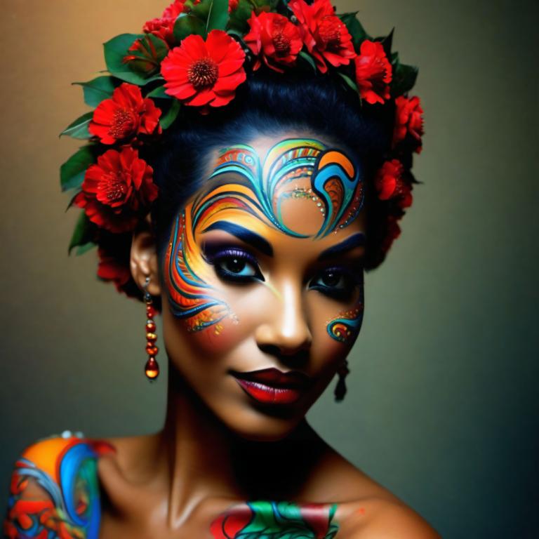 Bodypainting,Bodypainting, People, woman, 1girl, solo, earrings, jewelry, flower, hair ornament, makeup