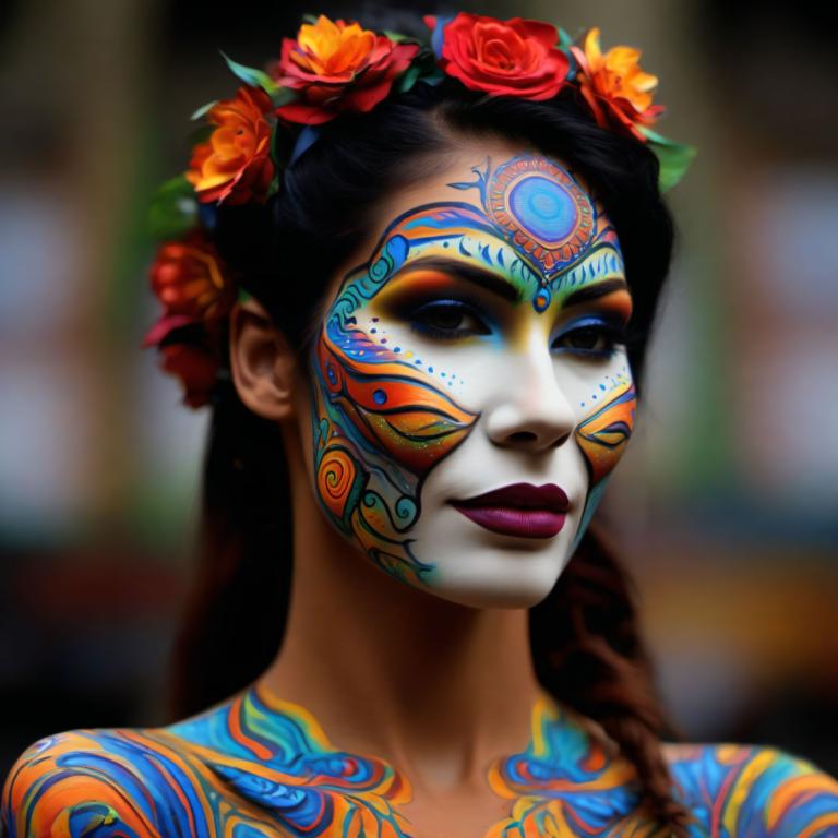 Bodypainting,Bodypainting, People, woman, 1girl, solo, flower, hair ornament, hair flower, makeup