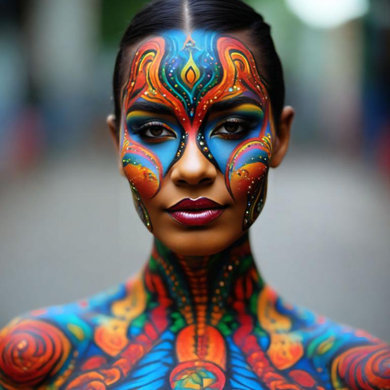 Bodypainting,Bodypainting, Mennesker, kvinde, solo, 1 pige, makeup, sløret, sort hår, sløret baggrund