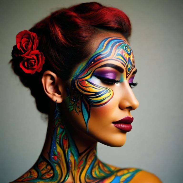 Bodypainting,Bodypainting, People, woman, 1girl, solo, flower, hair flower, hair ornament, makeup, earrings