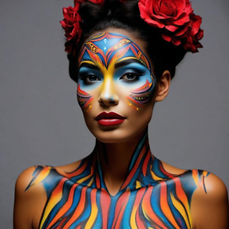 Bodypainting,Bodypainting, People, woman, 1girl, solo, facepaint, bodypaint, flower, hair ornament