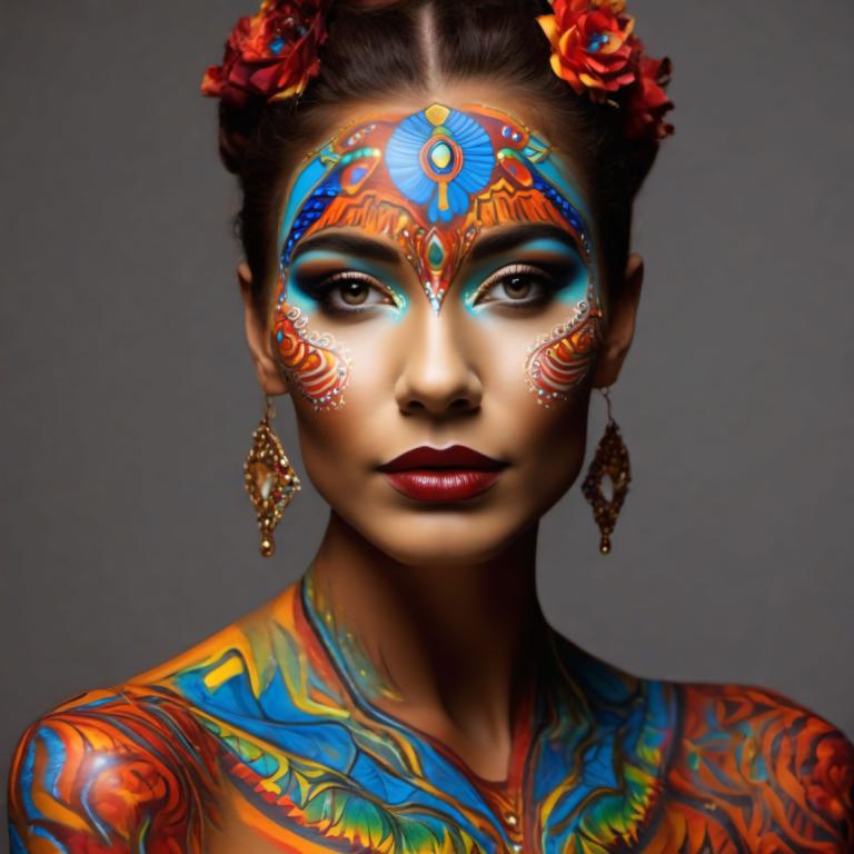 Bodypainting,Bodypainting, People, woman, 1girl, solo, jewelry, hair ornament, earrings, brown eyes, makeup