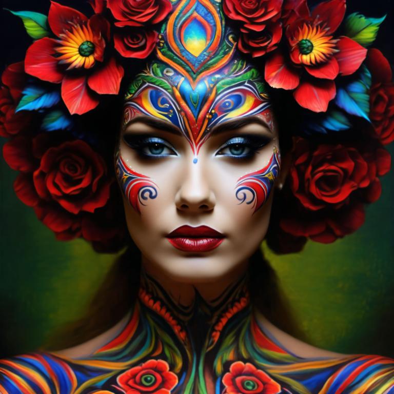 Bodypainting,Bodypainting, People, woman, 1girl, flower, solo, makeup, hair ornament, lipstick, hair flower