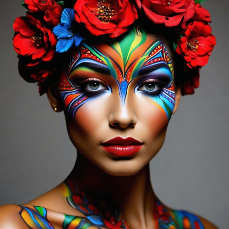 Bodypainting,Bodypainting, People, woman, 1girl, solo, flower, makeup, hair ornament, hair flower, earrings