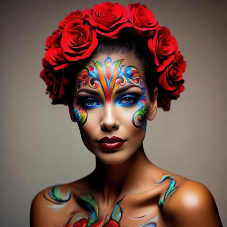 Bodypainting,Bodypainting, People, woman, 1girl, solo, makeup, flower, hair ornament, hair flower, lipstick