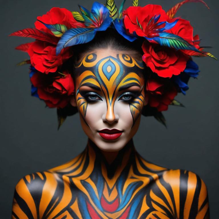 Bodypainting,Bodypainting, People, woman, 1girl, solo, flower, hair flower, hair ornament, facepaint, makeup